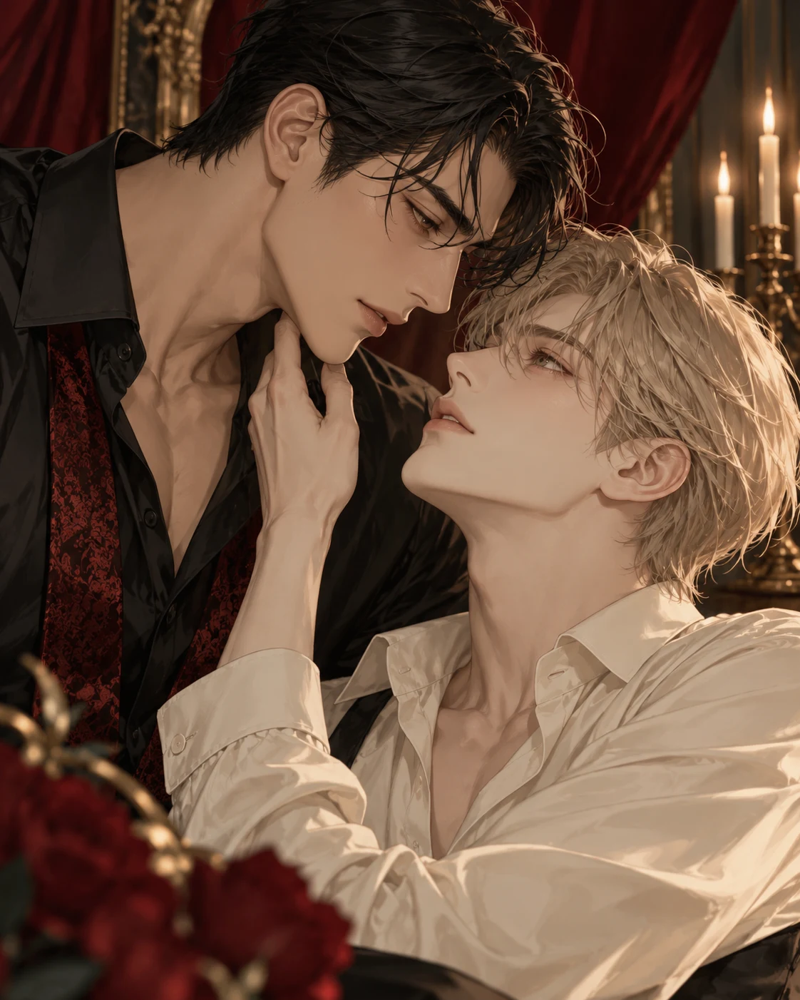 Manhwa-style illustration of two adult men in an intimate near-embrace, with red and gold accents.